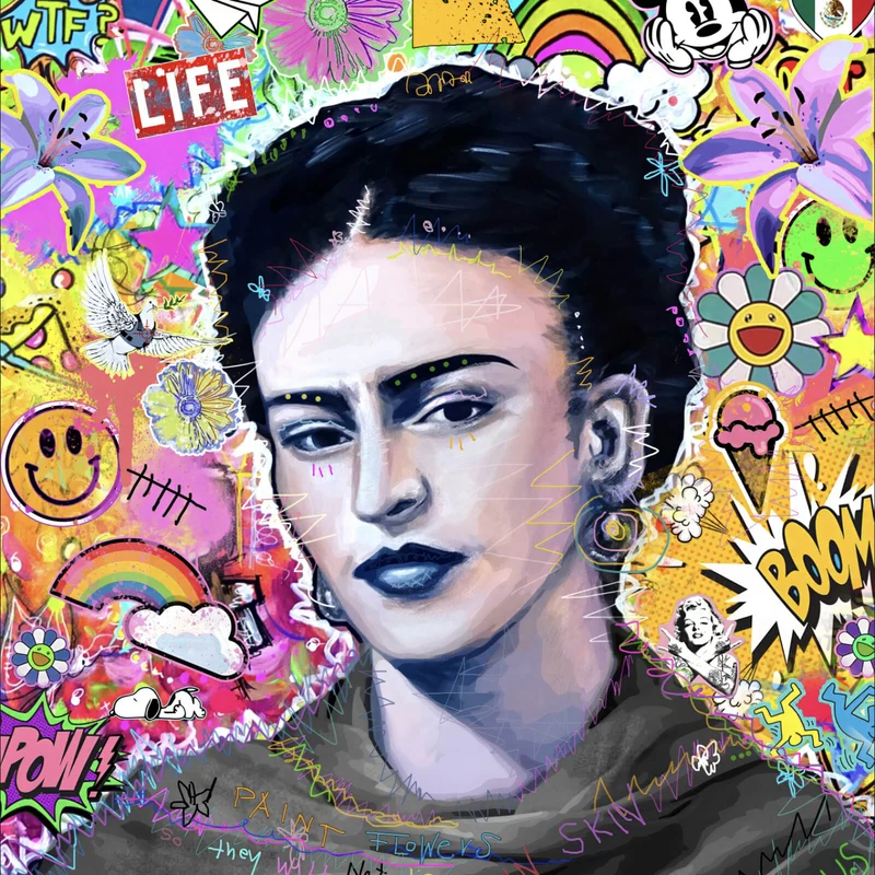 Acrylglasbild Buntes Frida Portait Pop Art Quadrat