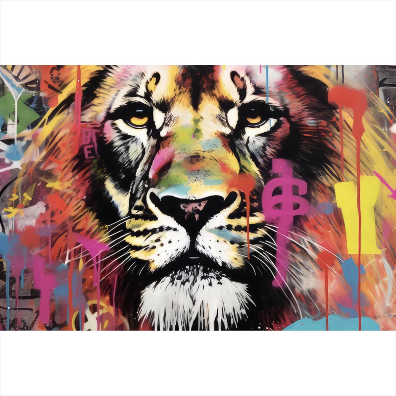 Acrylglasbild Löwenportrait in Graffiti Urbanstil Querformat