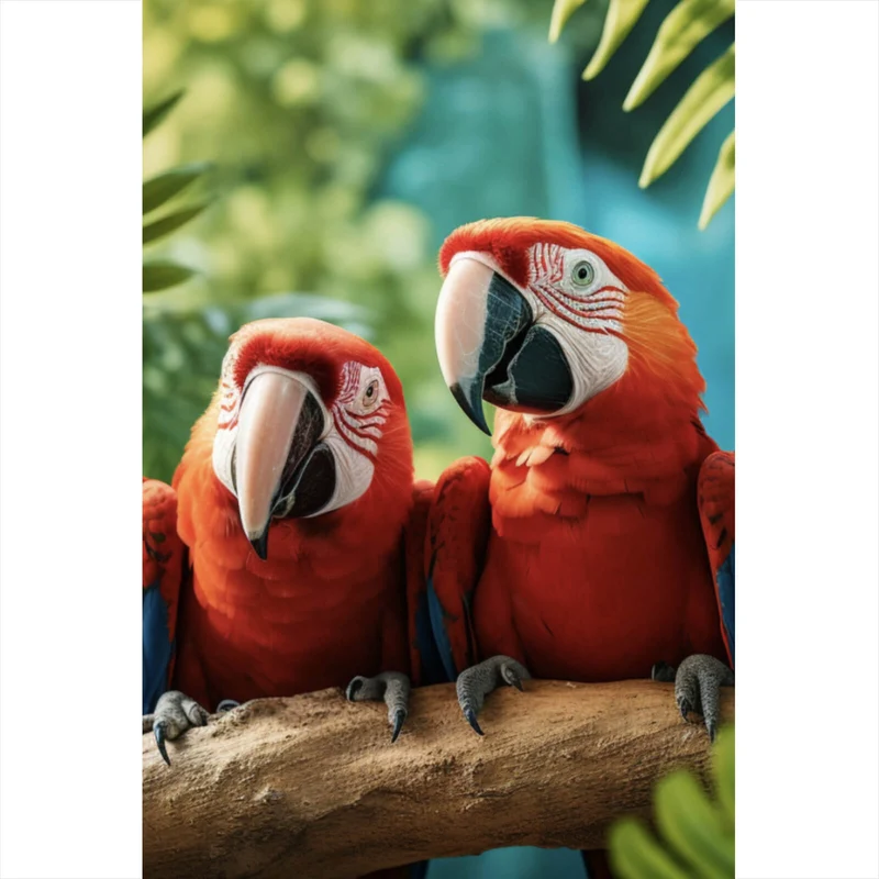 Spannrahmenbild Lustige Papageien Gruppe auf einem Ast Hochformat