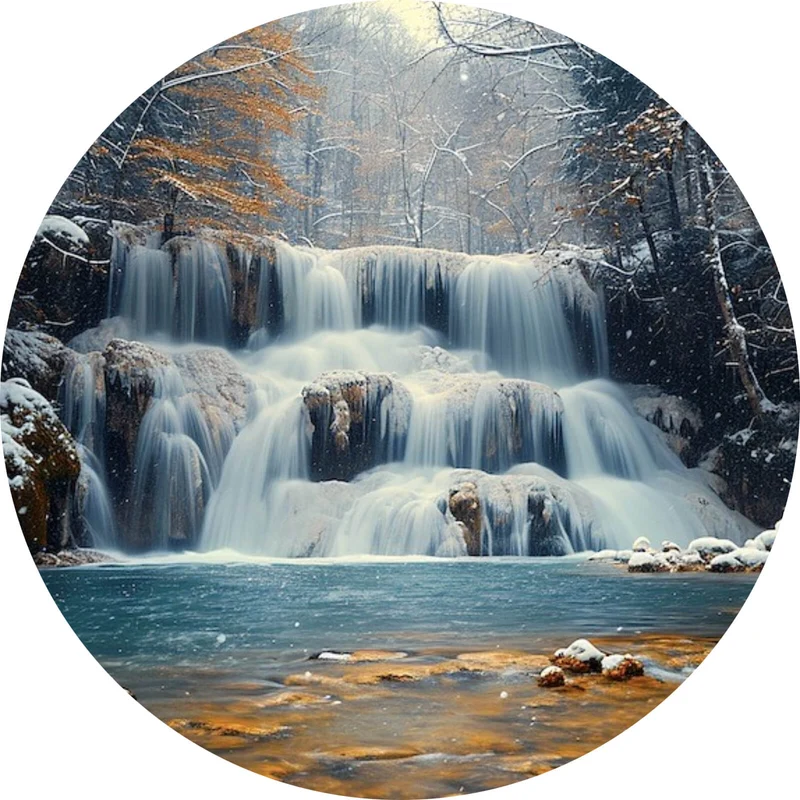 Aluminiumbild gebürstet Winterlicher Wasserfall in verschneiter Waldlandschaft Kreis