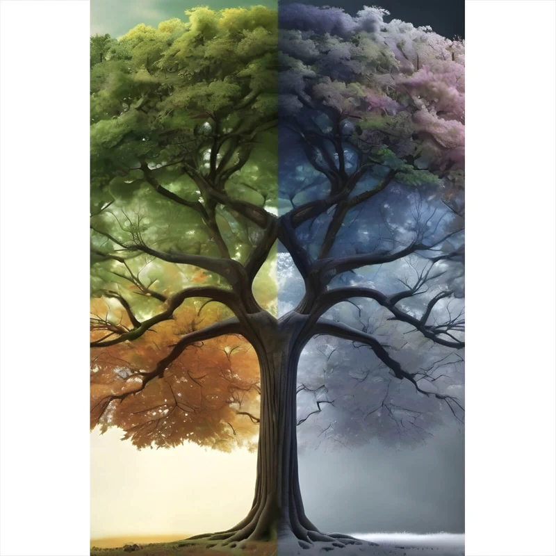 Aluminiumbild gebürstet Baum 4 Jahreszeiten Hochformat
