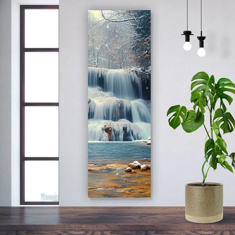 Acrylglasbild Winterlicher Wasserfall in verschneiter Waldlandschaft Panorama Hoch