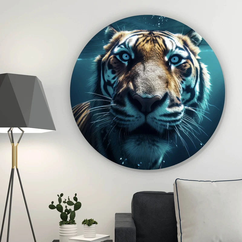 Aluminiumbild gebürstet Tauchender Tiger Digital Art Kreis