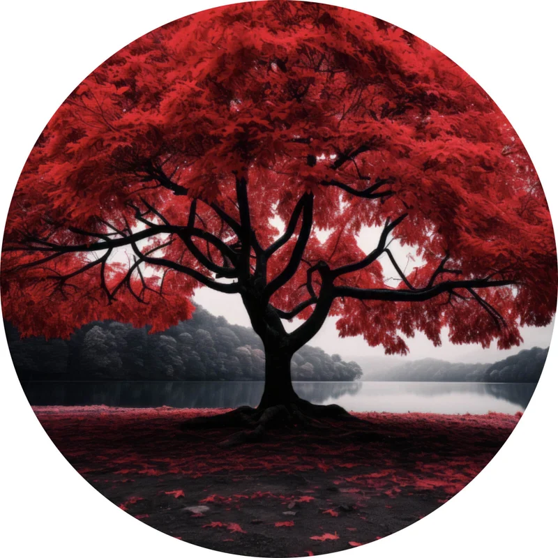 Aluminiumbild Roter Baum an mystischem See Kreis