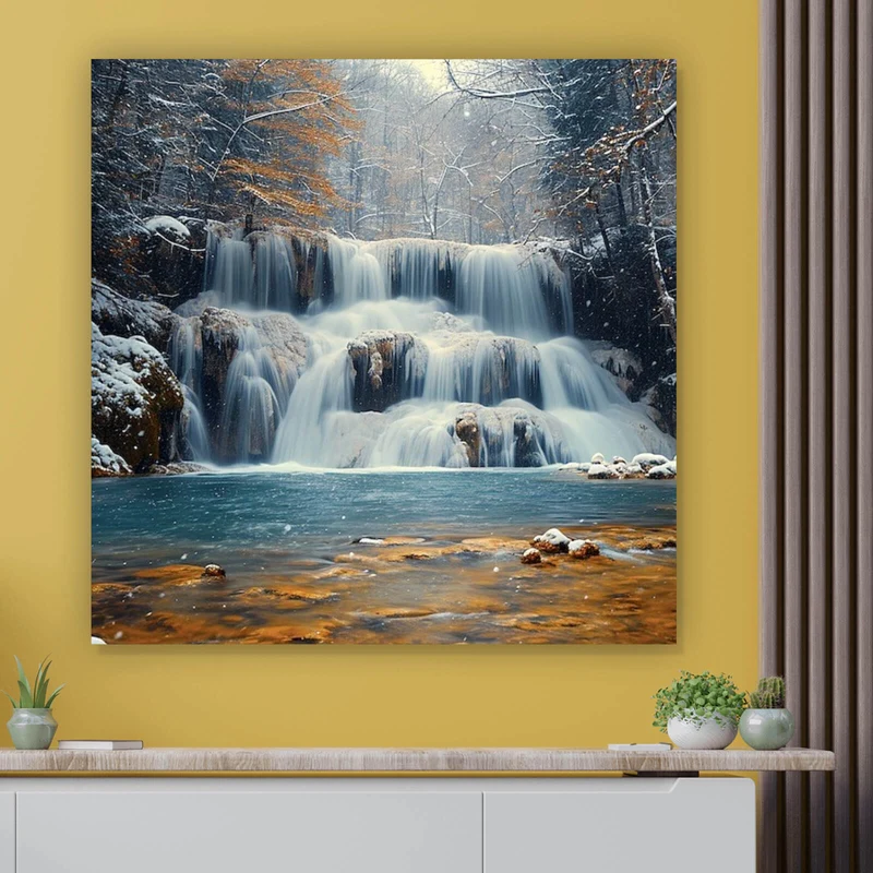 Acrylglasbild Winterlicher Wasserfall in verschneiter Waldlandschaft Quadrat