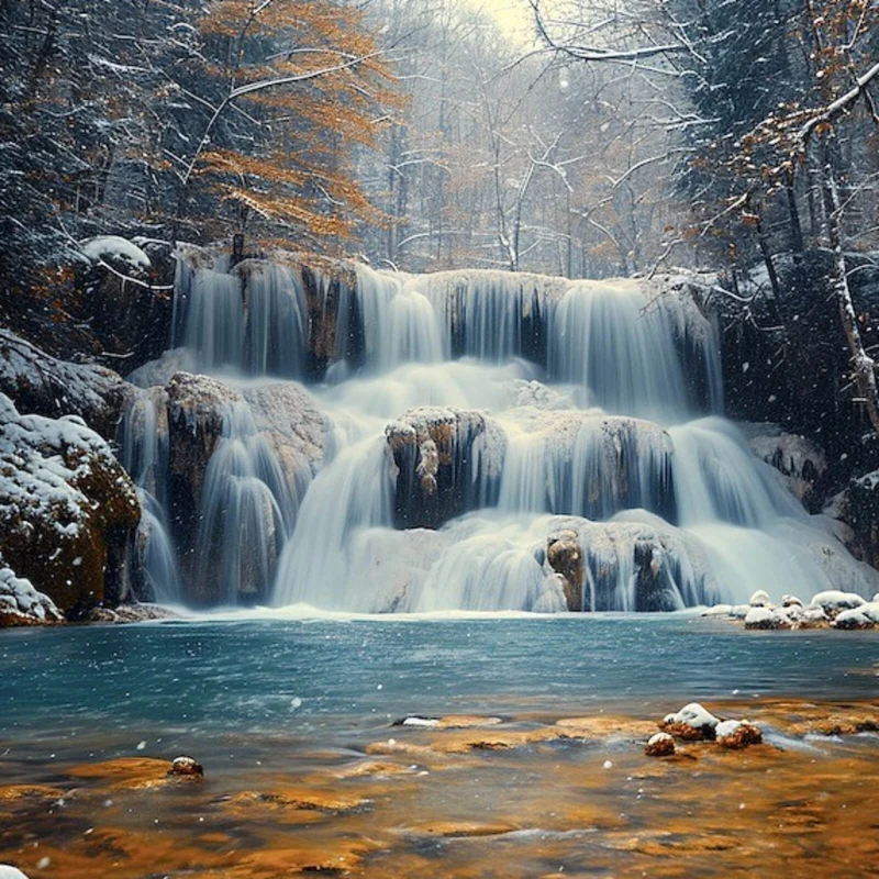 Aluminiumbild gebürstet Winterlicher Wasserfall in verschneiter Waldlandschaft Quadrat