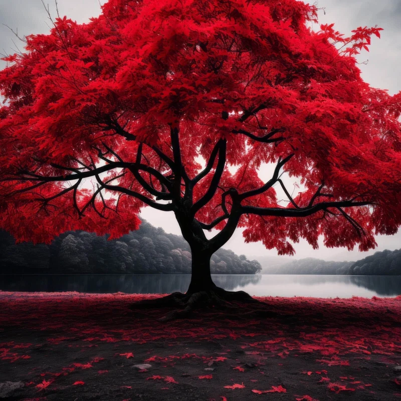 Poster Roter Baum an mystischem See Quadrat