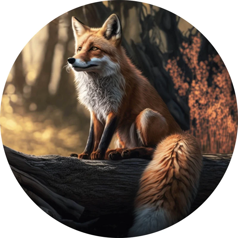Aluminiumbild gebürstet Eleganter Fuchs sitzt auf Baumstamm im Wald Kreis