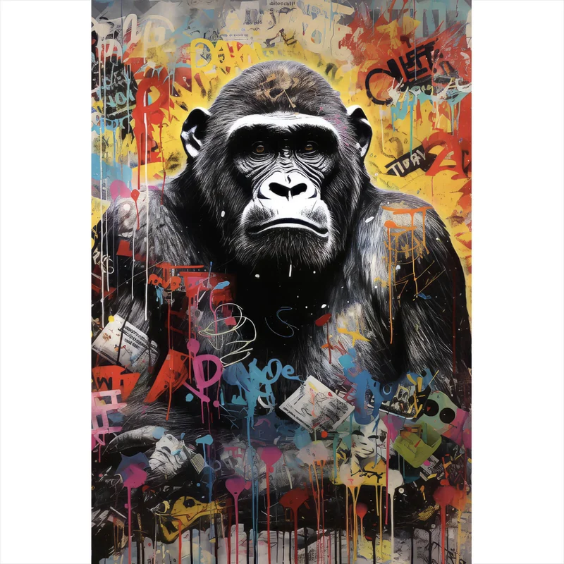 Aluminiumbild Ausrucksstarker Gorilla im Graffiti Stil Hochformat