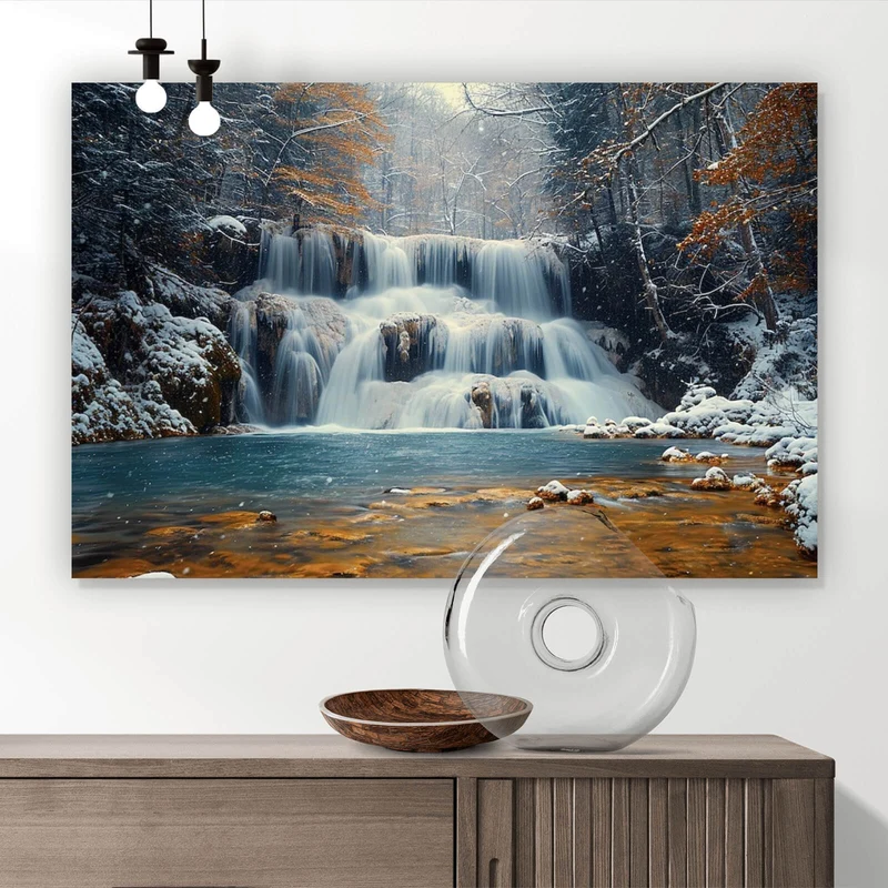 Aluminiumbild Winterlicher Wasserfall in verschneiter Waldlandschaft Querformat
