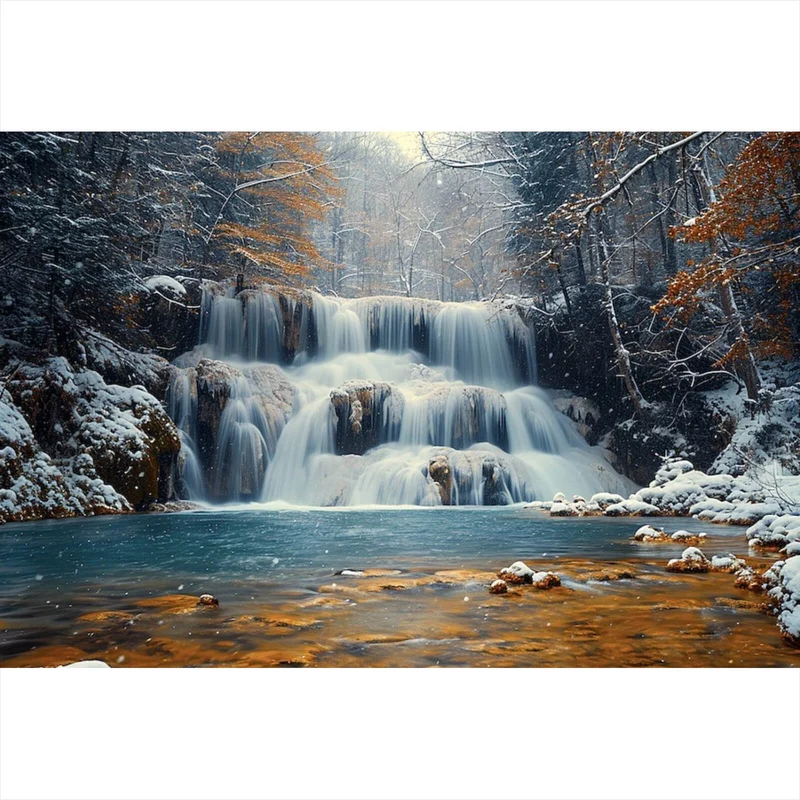 Aluminiumbild Winterlicher Wasserfall in verschneiter Waldlandschaft Querformat