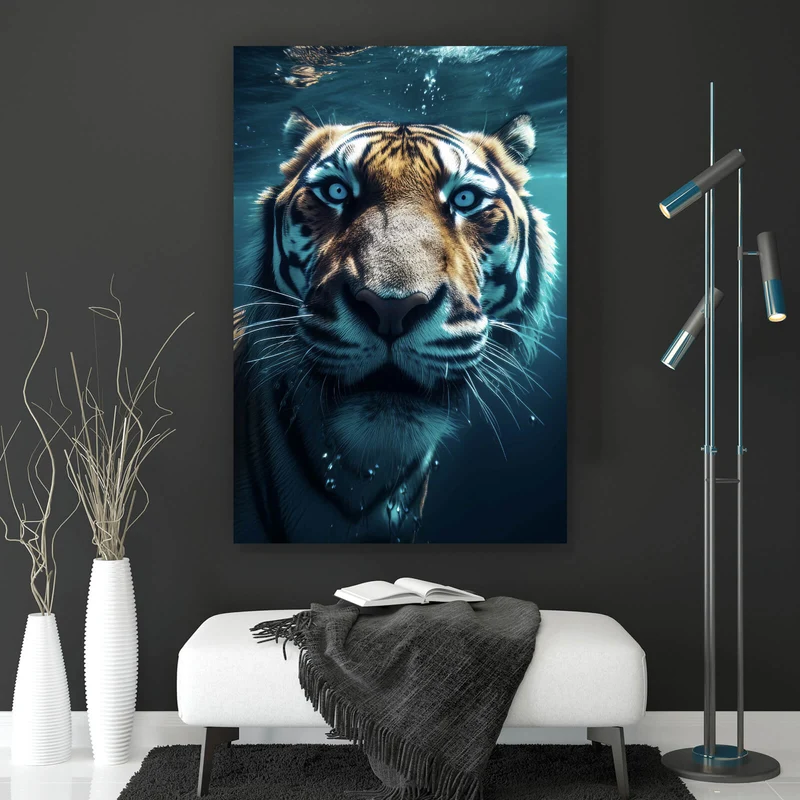 Aluminiumbild gebürstet Tauchender Tiger Digital Art Hochformat