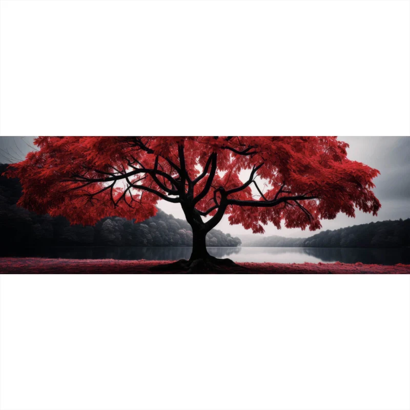 Leinwandbild Roter Baum an mystischem See Panorama