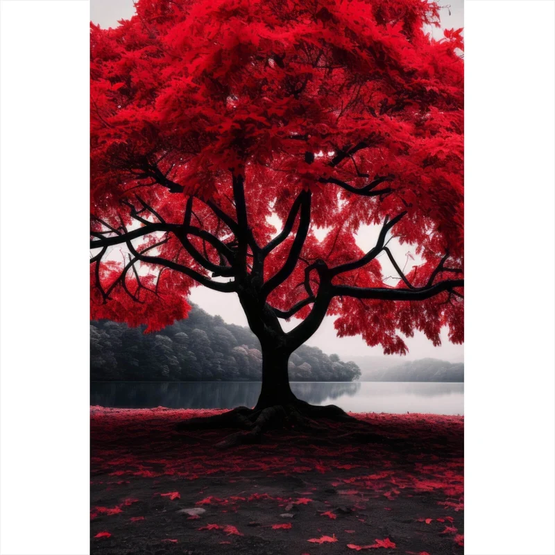 Acrylglasbild Roter Baum an mystischem See Hochformat