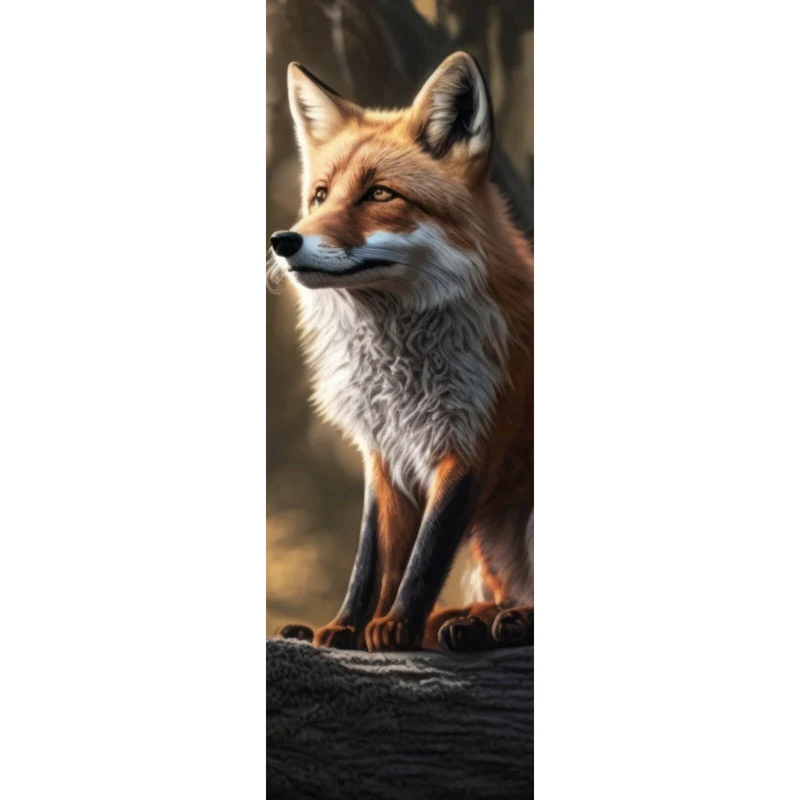 Acrylglasbild Eleganter Fuchs sitzt auf Baumstamm im Wald Panorama Hoch