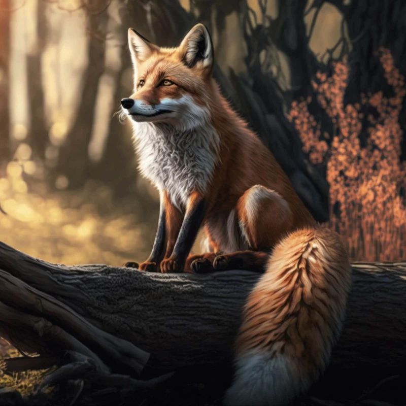 Spannrahmenbild Eleganter Fuchs sitzt auf Baumstamm im Wald Quadrat