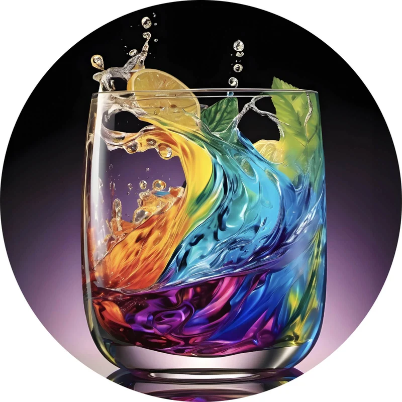 Aluminiumbild Spritziger bunter Cocktail im Glas Kreis