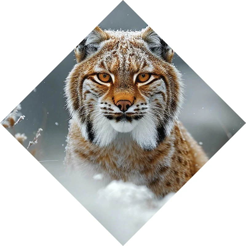 Aluminiumbild gebürstet Luchs im verschneiten Winterwald Raute