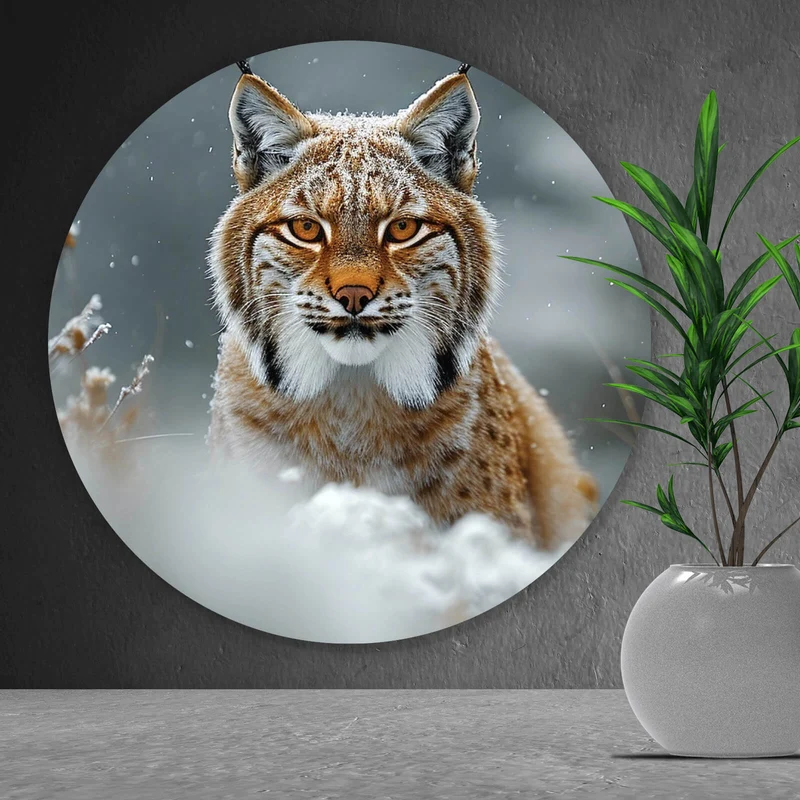 Aluminiumbild gebürstet Luchs im verschneiten Winterwald Kreis