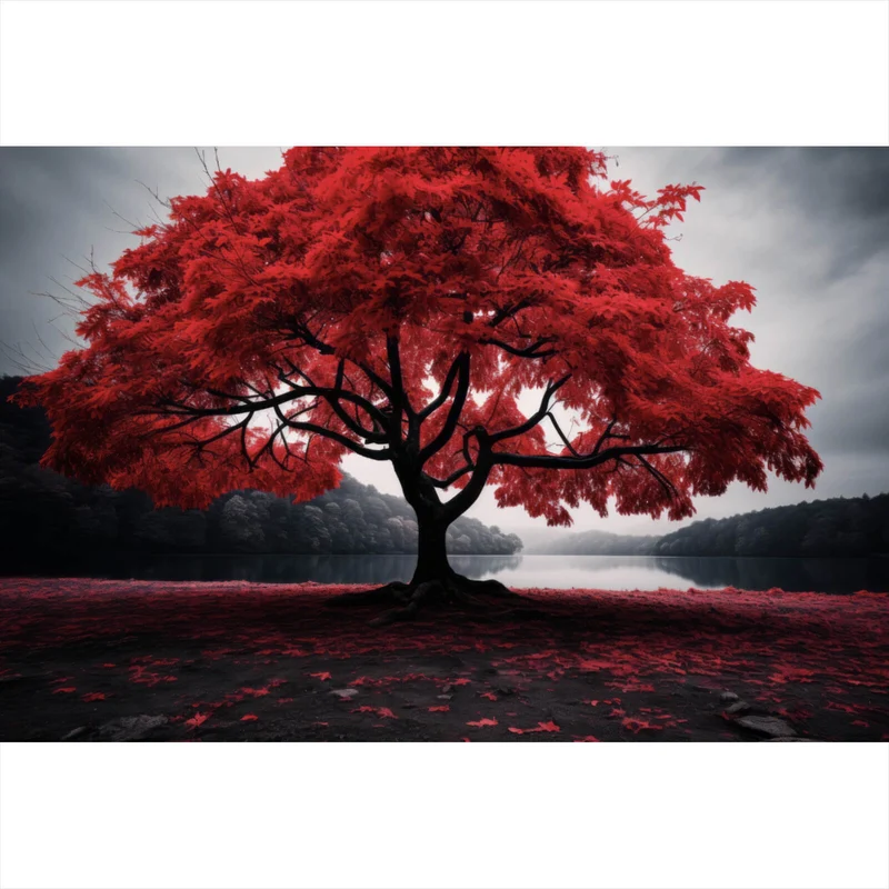 Leinwandbild Roter Baum an mystischem See Querformat