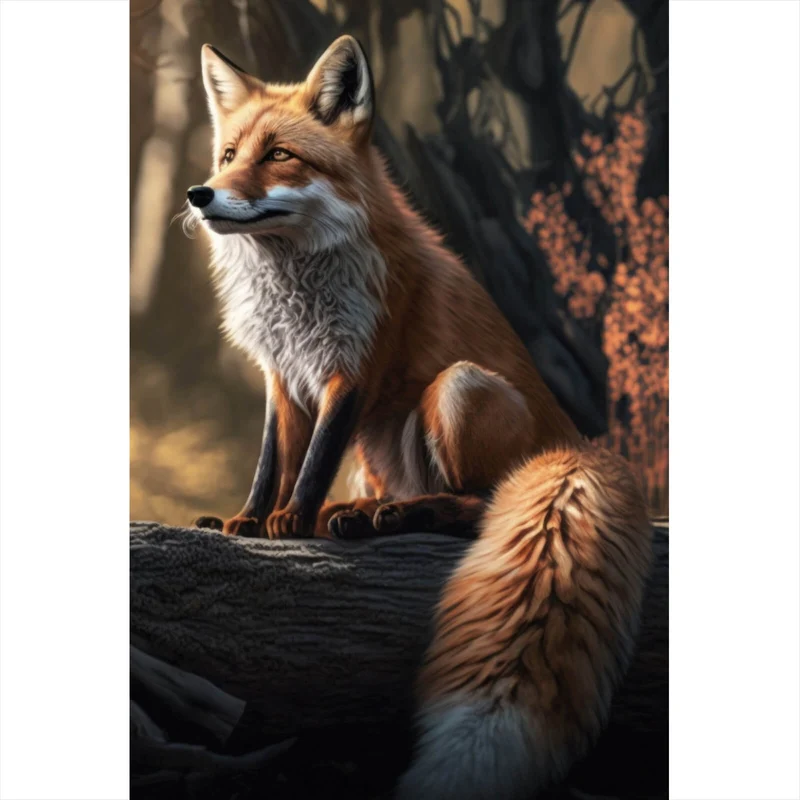 Leinwandbild Eleganter Fuchs sitzt auf Baumstamm im Wald Hochformat