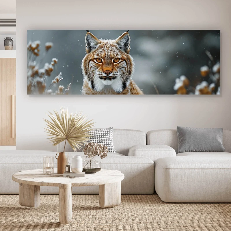 Leinwandbild Luchs im verschneiten Winterwald Panorama