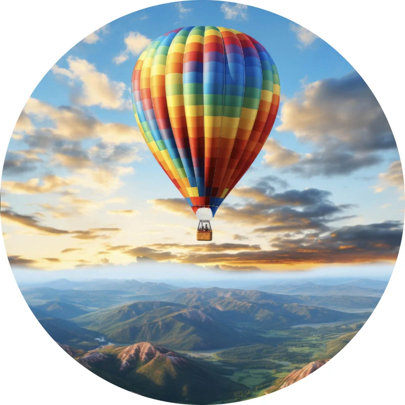 Aluminiumbild Bunter Heißluftballon im Flug Kreis