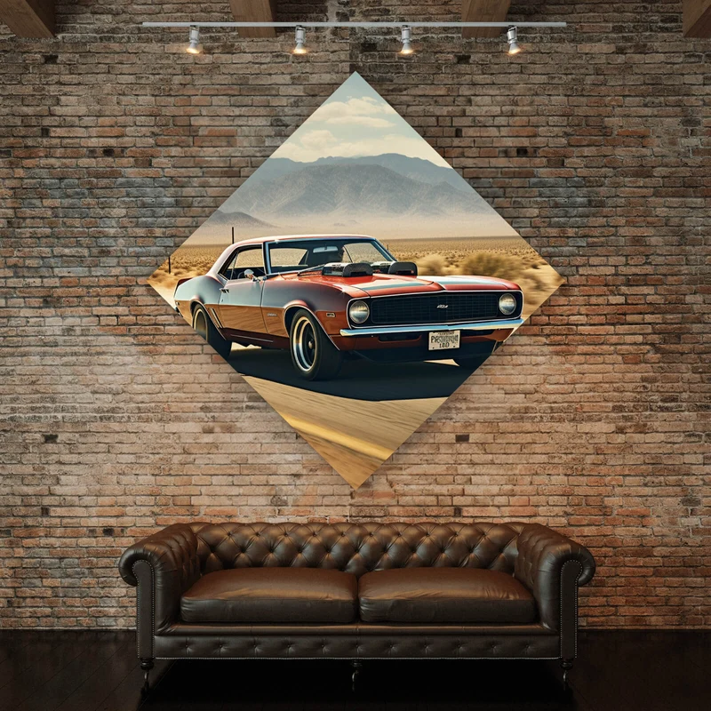 Aluminiumbild gebürstet Klassischer Muscle Car in der Wüste Raute