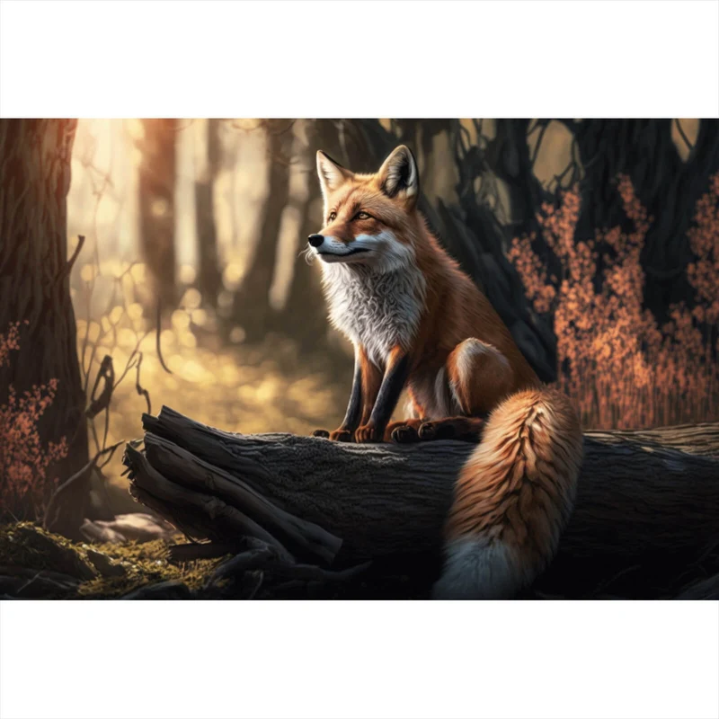 Aluminiumbild Eleganter Fuchs sitzt auf Baumstamm im Wald Querformat