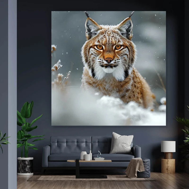 Acrylglasbild Luchs im verschneiten Winterwald Quadrat