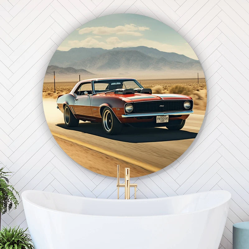 Aluminiumbild gebürstet Klassischer Muscle Car in der Wüste Kreis