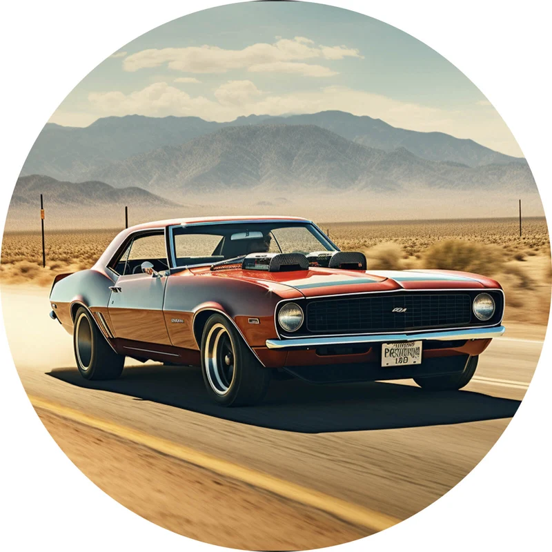 Aluminiumbild Klassischer Muscle Car in der Wüste Kreis
