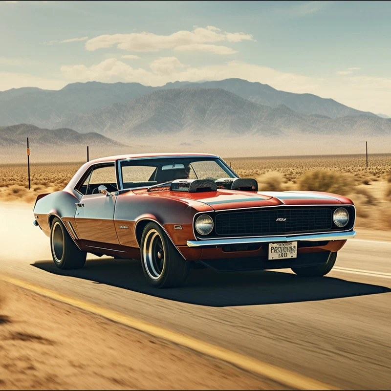 Spannrahmenbild Klassischer Muscle Car in der Wüste Quadrat
