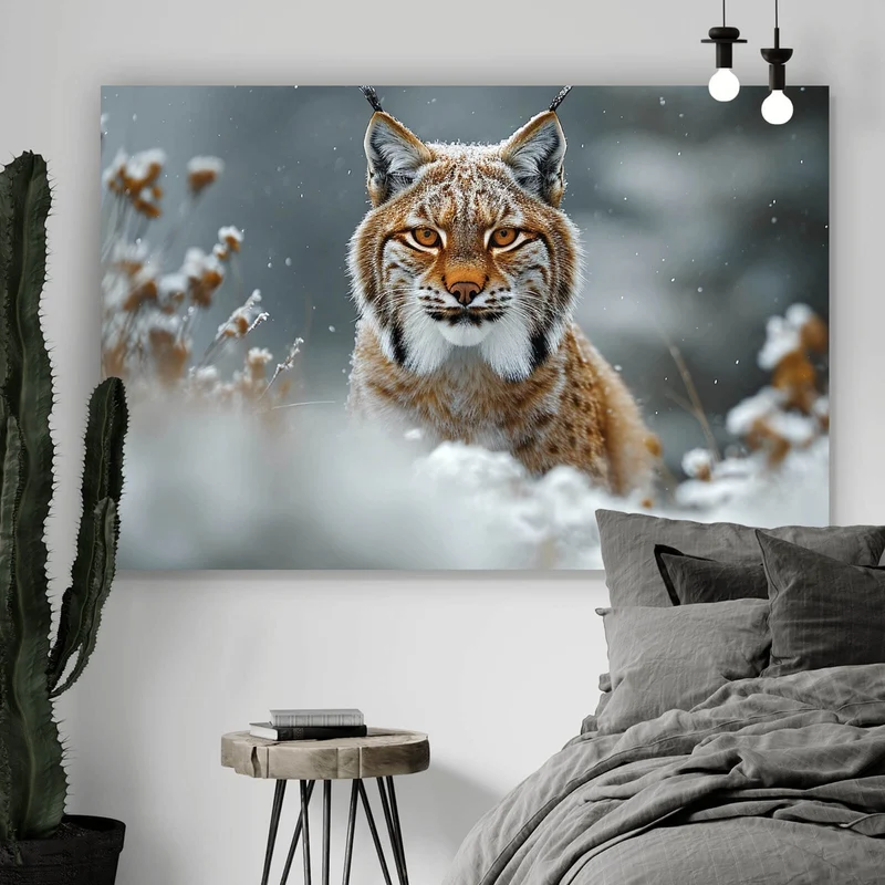 Leinwandbild Luchs im verschneiten Winterwald Querformat