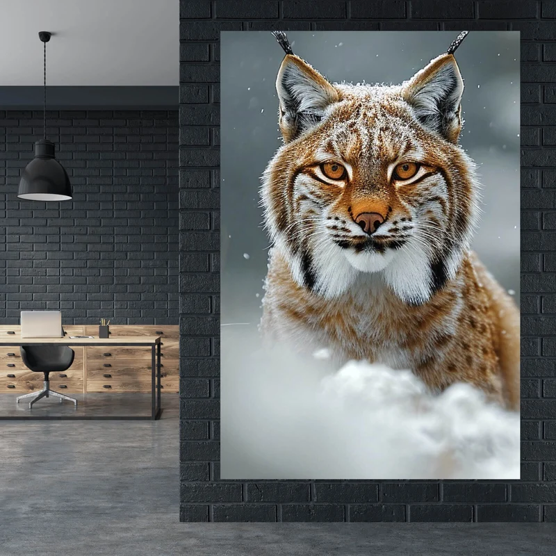 Aluminiumbild Luchs im verschneiten Winterwald Hochformat