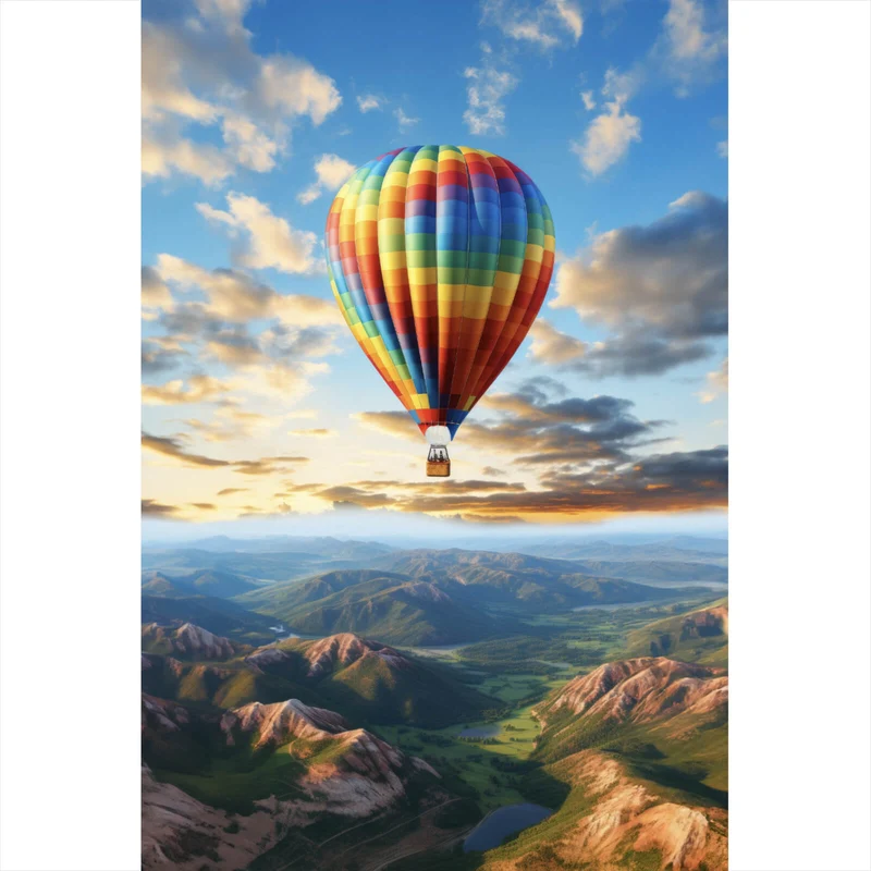 Leinwandbild Bunter Heißluftballon im Flug Hochformat
