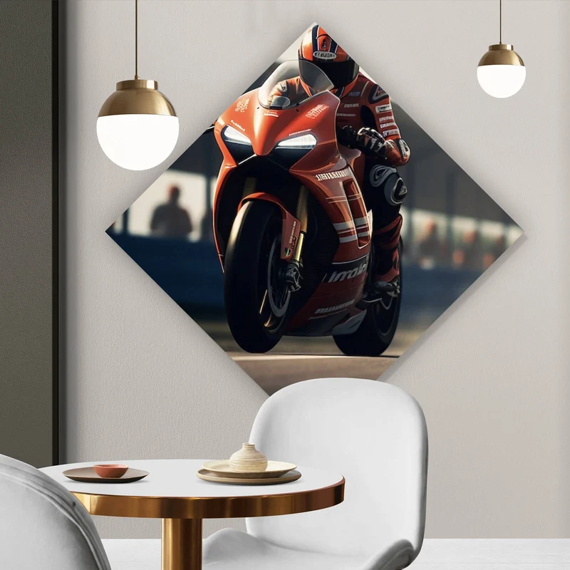 Poster Motorradfahrer auf Rennstrecke bei hoher Geschwindigkeit Raute