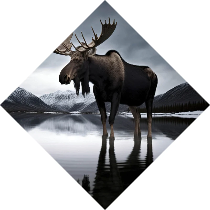 Aluminiumbild gebürstet Berglandschaft mit See und Elch in Abendstimmung Raute