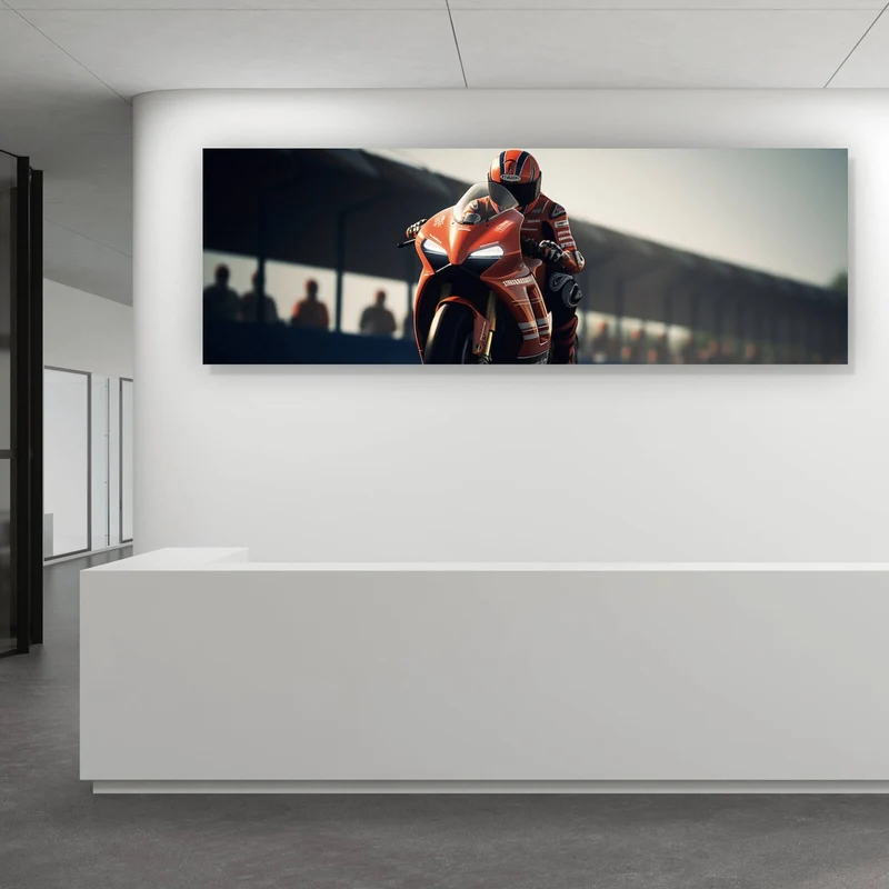 Acrylglasbild Motorradfahrer auf Rennstrecke bei hoher Geschwindigkeit Panorama