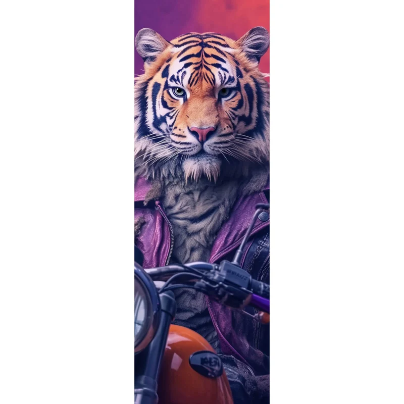 Acrylglasbild Biker Tiger auf Motorrad Panorama Hoch