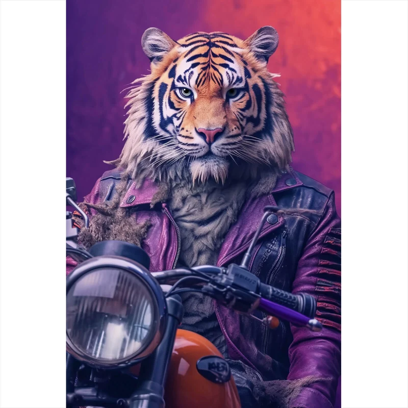 Acrylglasbild Biker Tiger auf Motorrad Hochformat