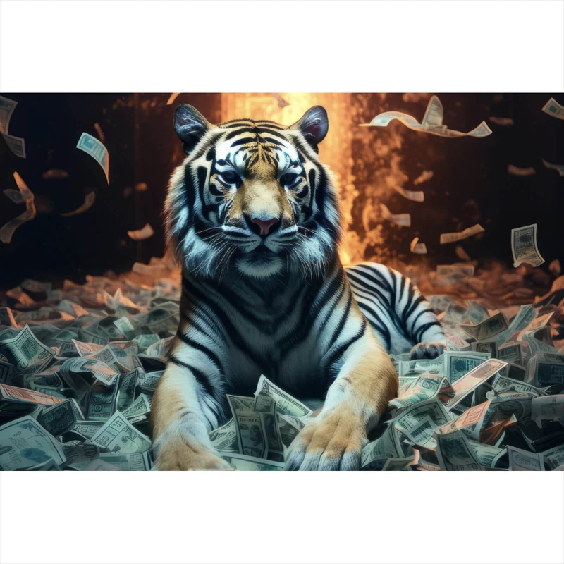 Acrylglasbild Tiger schwimmt in Geldscheinen Querformat