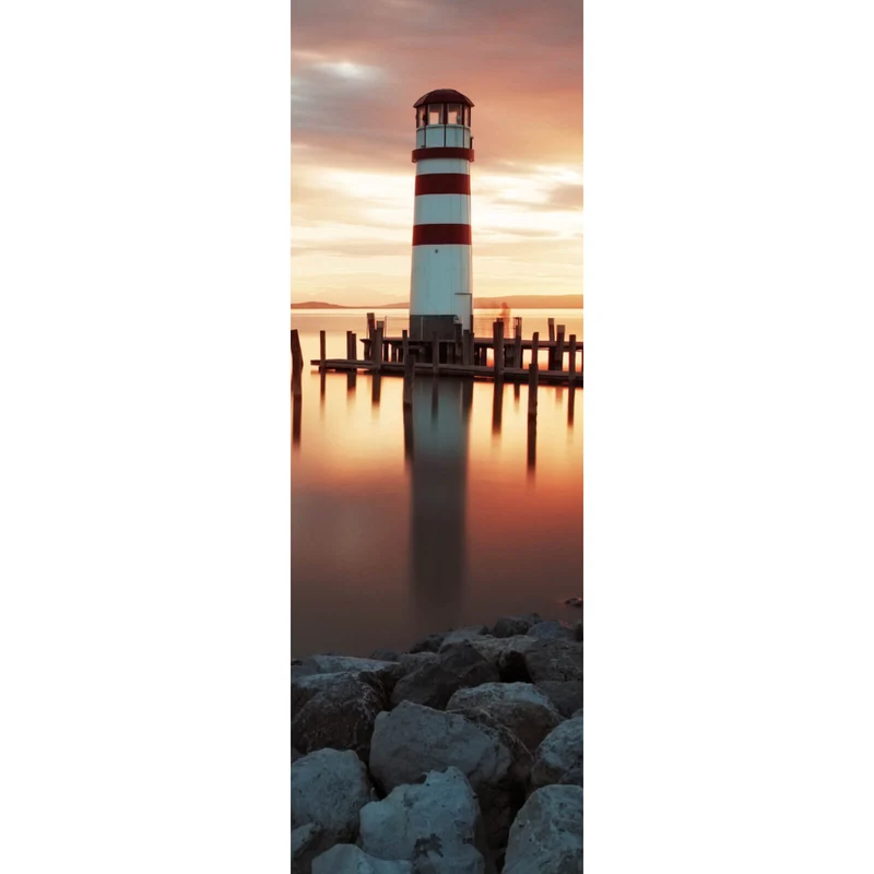 Aluminiumbild Leuchtturm am Meer in der Abenddämmerung Panorama Hoch