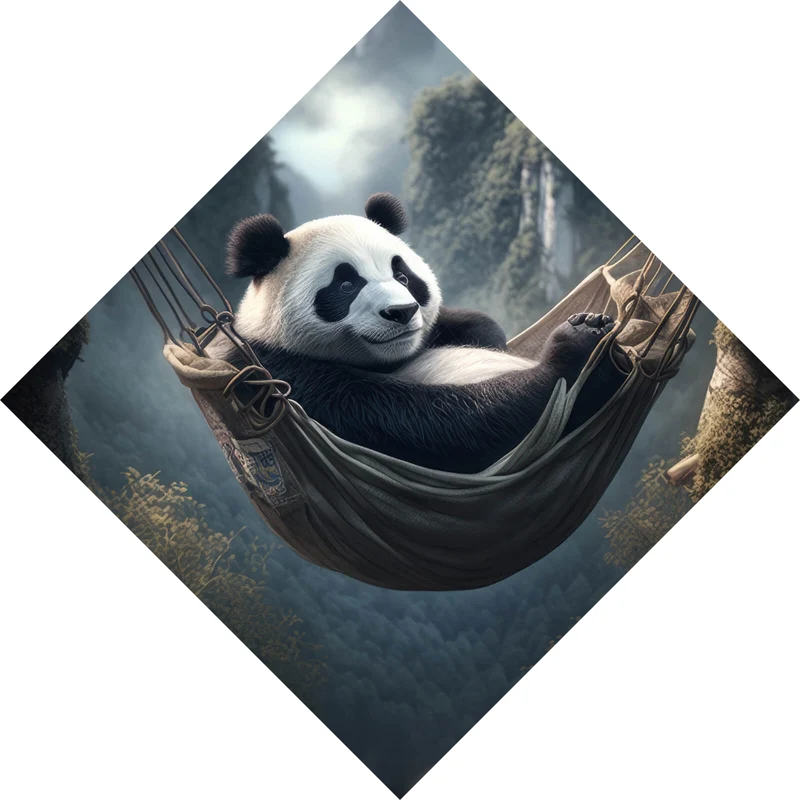 Leinwandbild Panda mit Hängematte in mystischer Umgebung Raute