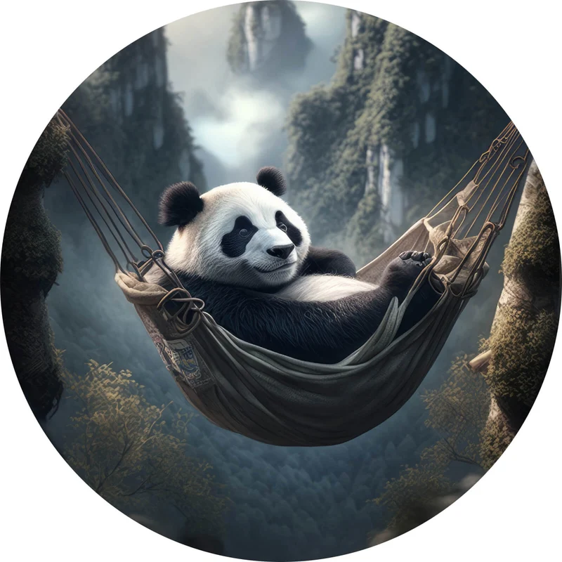 Aluminiumbild Panda mit Hängematte in mystischer Umgebung Kreis