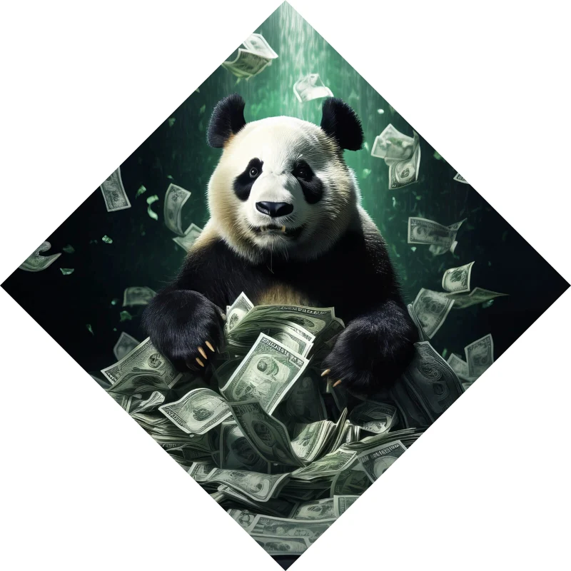 Aluminiumbild gebürstet Panda schwimmt in Geldscheinen Raute