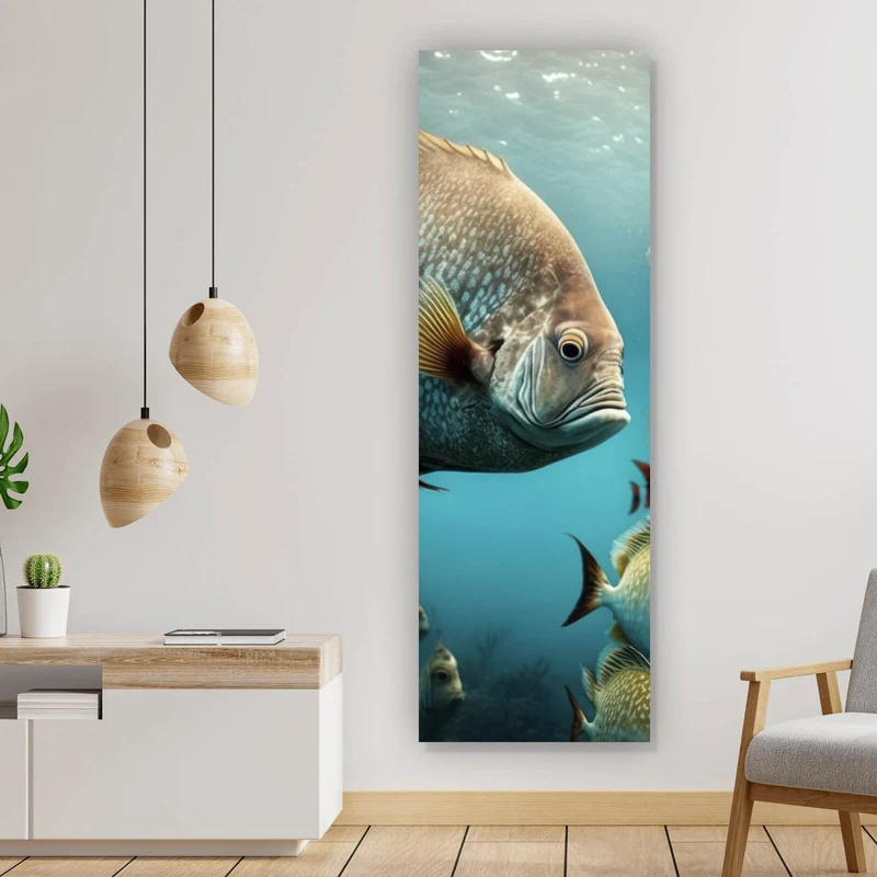 Aluminiumbild Fischschwarm in einer Unterwasserwelt Panorama Hoch
