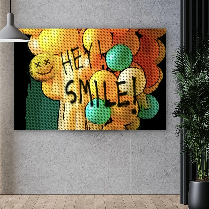 Aluminiumbild gebürstet Smile bunte Ballons im Pop Art Stil Querformat