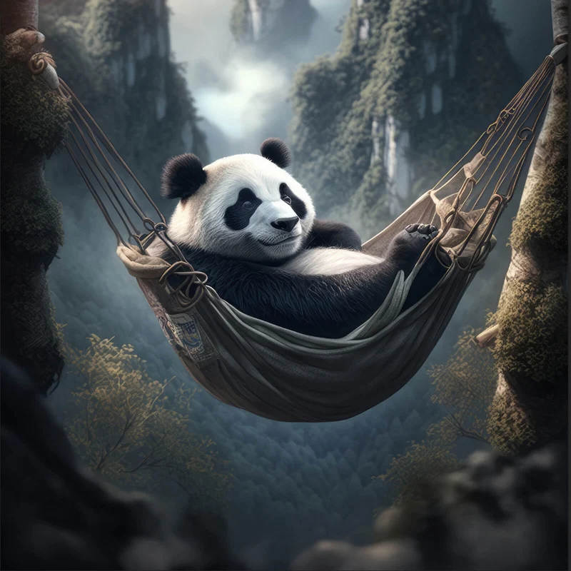 Leinwandbild Panda mit Hängematte in mystischer Umgebung Quadrat