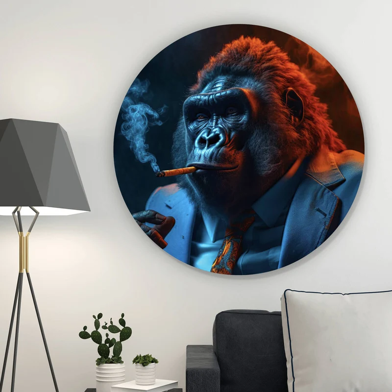 Aluminiumbild gebürstet Eindrucksvoller Gorilla mit Zigarre Kreis